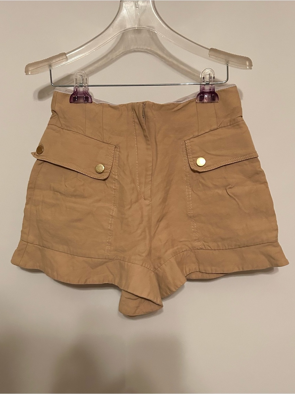 Sandro High-Waist Ruffle Hem Shorts in Tan